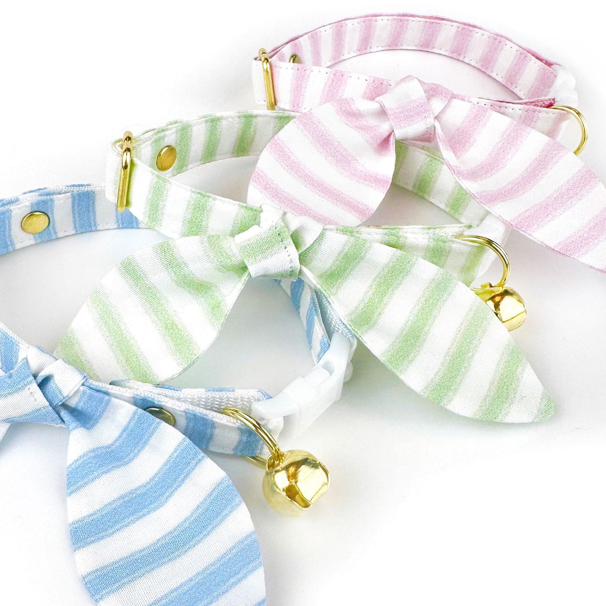 Cat Collar and Bunny Ear Bow Set - "Veranda - Blue" - Light Blue Striped Cat Collar w/ Matching Bunny Bow Tie / Spring, Summer, Seersucker Stripes / Cat, Kitten + Small Dog Sizes