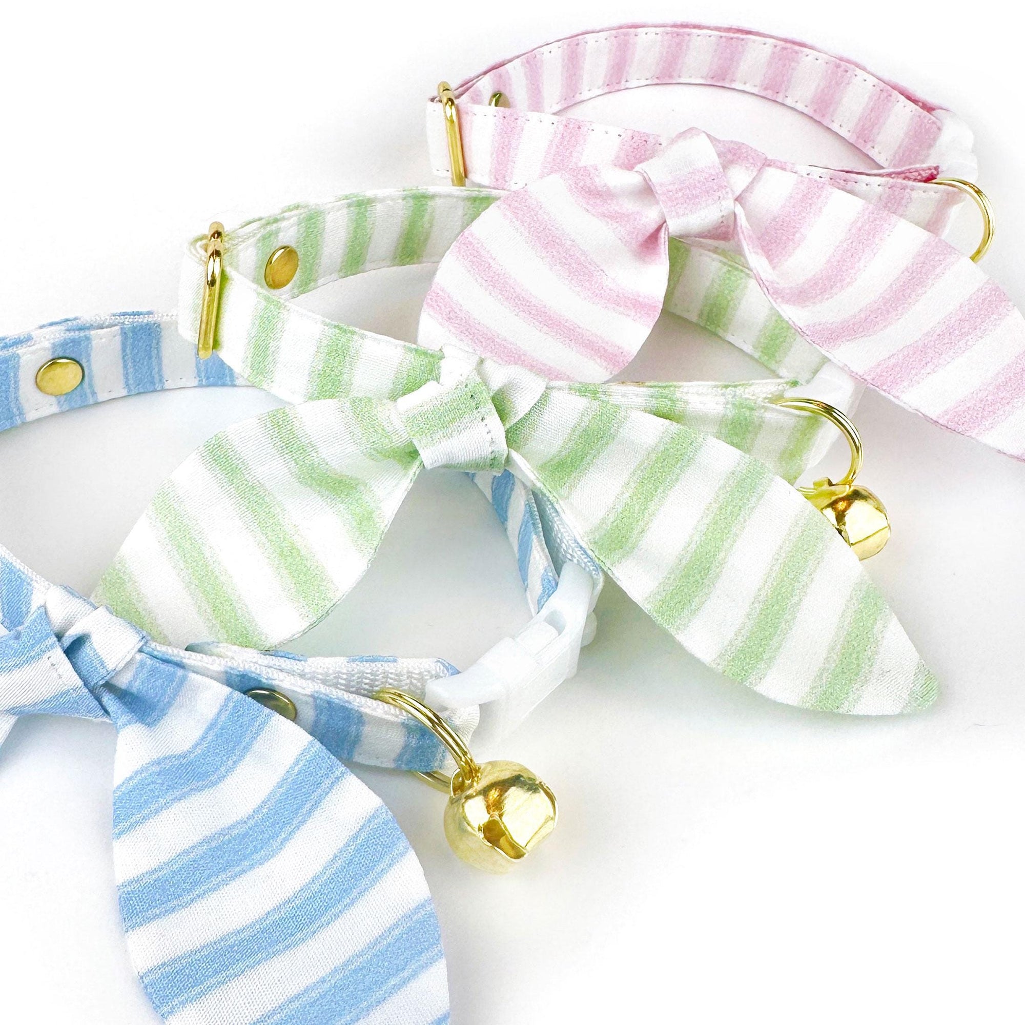 Cat Collar and Bunny Ear Bow Set - "Veranda - Green" - Light Green Striped Cat Collar w/ Matching Bunny Bow Tie / Spring, Summer, Seersucker Stripes / Cat, Kitten + Small Dog Sizes