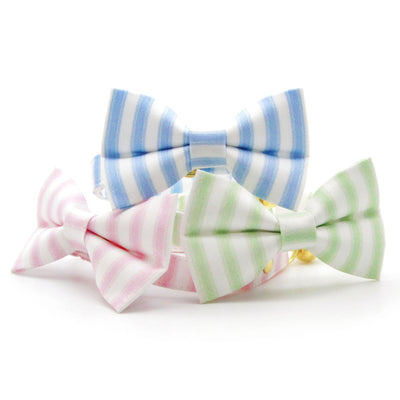 Striped Bow Tie Cat Collar Set - "Veranda - Blue" - Light Blue Stripes Cat Collar with Bow Tie / Spring, Summer, Seersucker, Derby, Wedding / Cat, Kitten, Small Dog Sizes