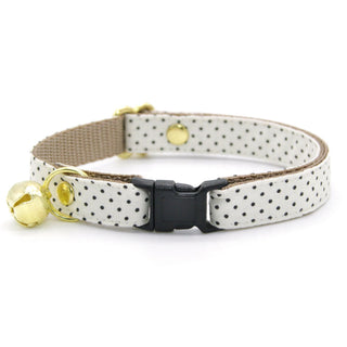 Polka Dot Cat Collar - "Biscotti" - Retro Chic Black Swiss Dots on Cream Cat Collar / Elegant, Ivory, Light Beige, Classic / Breakaway Buckle or Non-Breakaway / Cat, Kitten + Small Dog Sizes - Kitten (6-10) / Breakaway / Gold