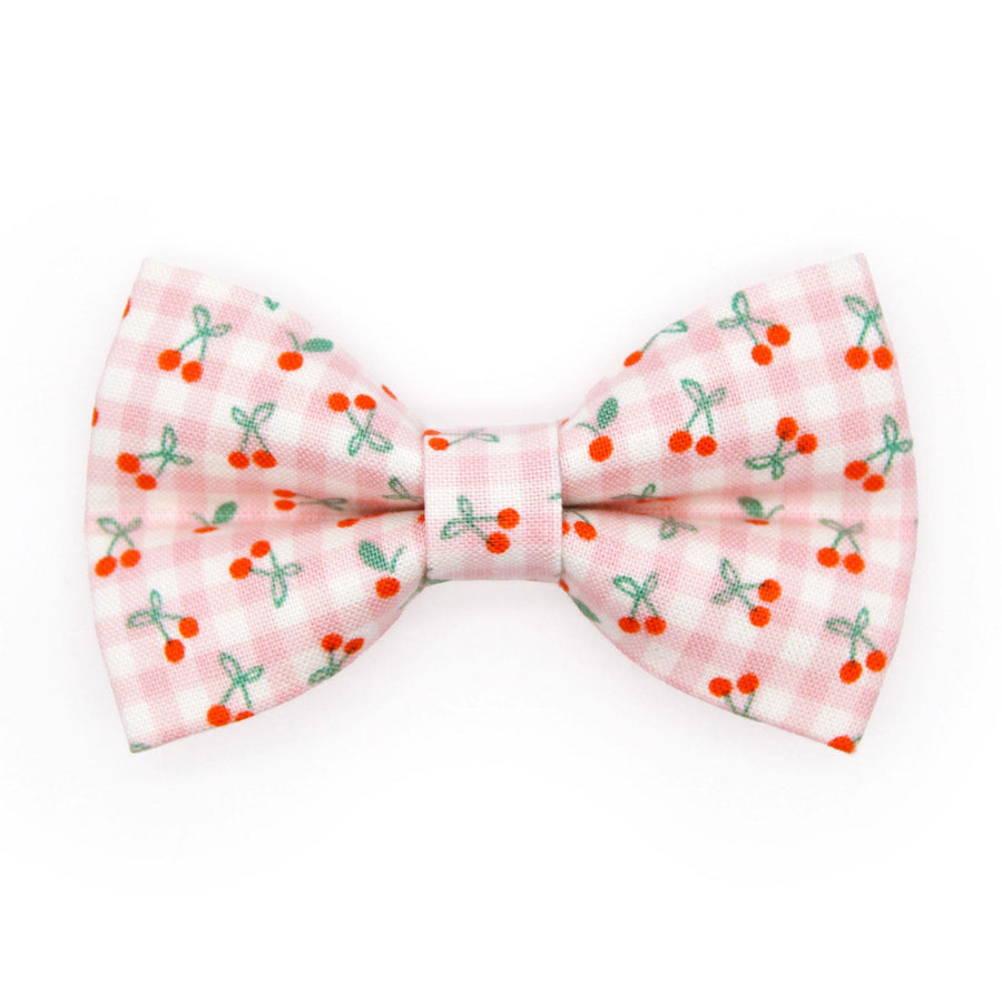Cherry Cat Bow Tie - "Cherry Jubilee" - Pink Gingham Cherries Bow Tie for Cat Collar / Fruit, Spring + Summer / Cat, Kitten + Small Dog Bowtie