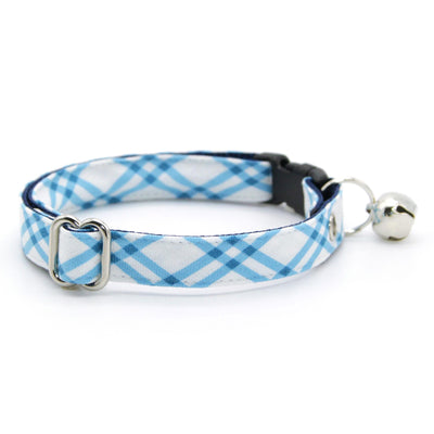 Blue Bow Tie Cat Collar Set - "Skylight" - Blue Check Plaid Cat Collar with Bow Tie / Spring, Summer, Nautical, Coastal / Cat, Kitten, Small Dog Sizes