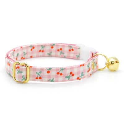 Cherry Gingham Bow Tie Cat Collar Set - "Cherry Jubilee" - Pink Cherries Cat Collar with Bow Tie / Fruit, Spring + Summer / Cat, Kitten, Small Dog Sizes