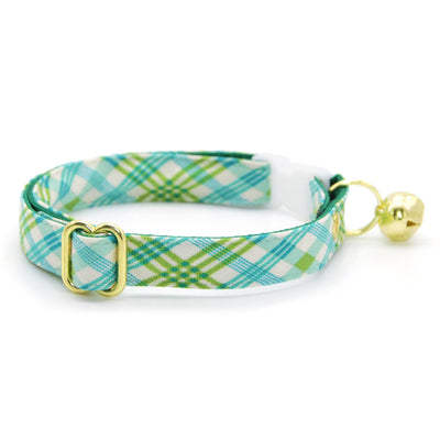 Green Plaid Bow Tie Cat Collar Set - "Gable Plaid" - Teal & Green Cat Collar with Bow Tie / Spring, Summer, Fall / Cat, Kitten, Small Dog Sizes
