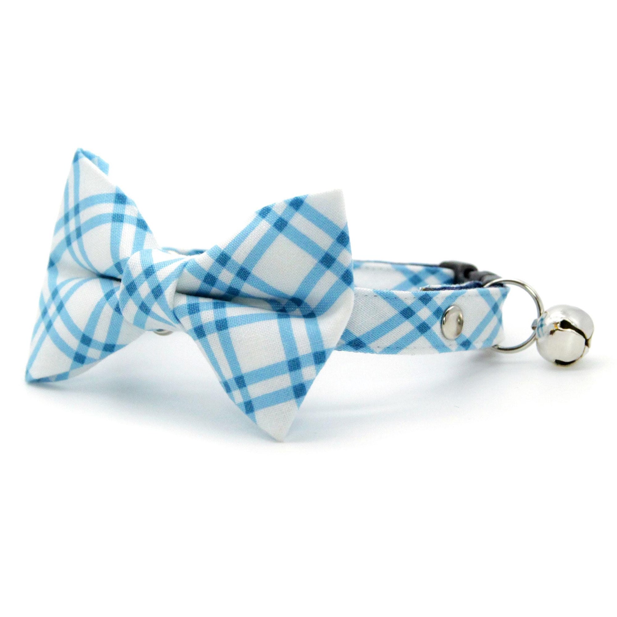 Blue Cat Collar - "Skylight" - Breezy Blue Plaid Cat Collar / Spring, Summer, Nautical, Coastal, Preppy / Breakaway Buckle or Non-Breakaway / Cat, Kitten + Small Dog Sizes