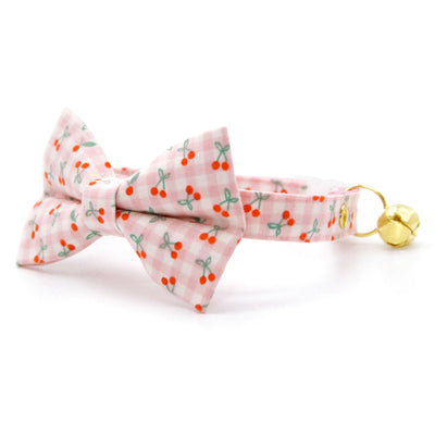 Cherry Cat Collar - "Cherry Jubilee" - Pink Gingham Cherries Cat Collar / Fruit, Spring, Summer / Breakaway Buckle or Non-Breakaway / Cat, Kitten + Small Dog Sizes