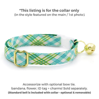 Plaid Cat Collar - "Gable Plaid" - Teal & Green Plaid Cat Collar / Spring, Summer / Breakaway Buckle or Non-Breakaway / Cat, Kitten + Small Dog Sizes