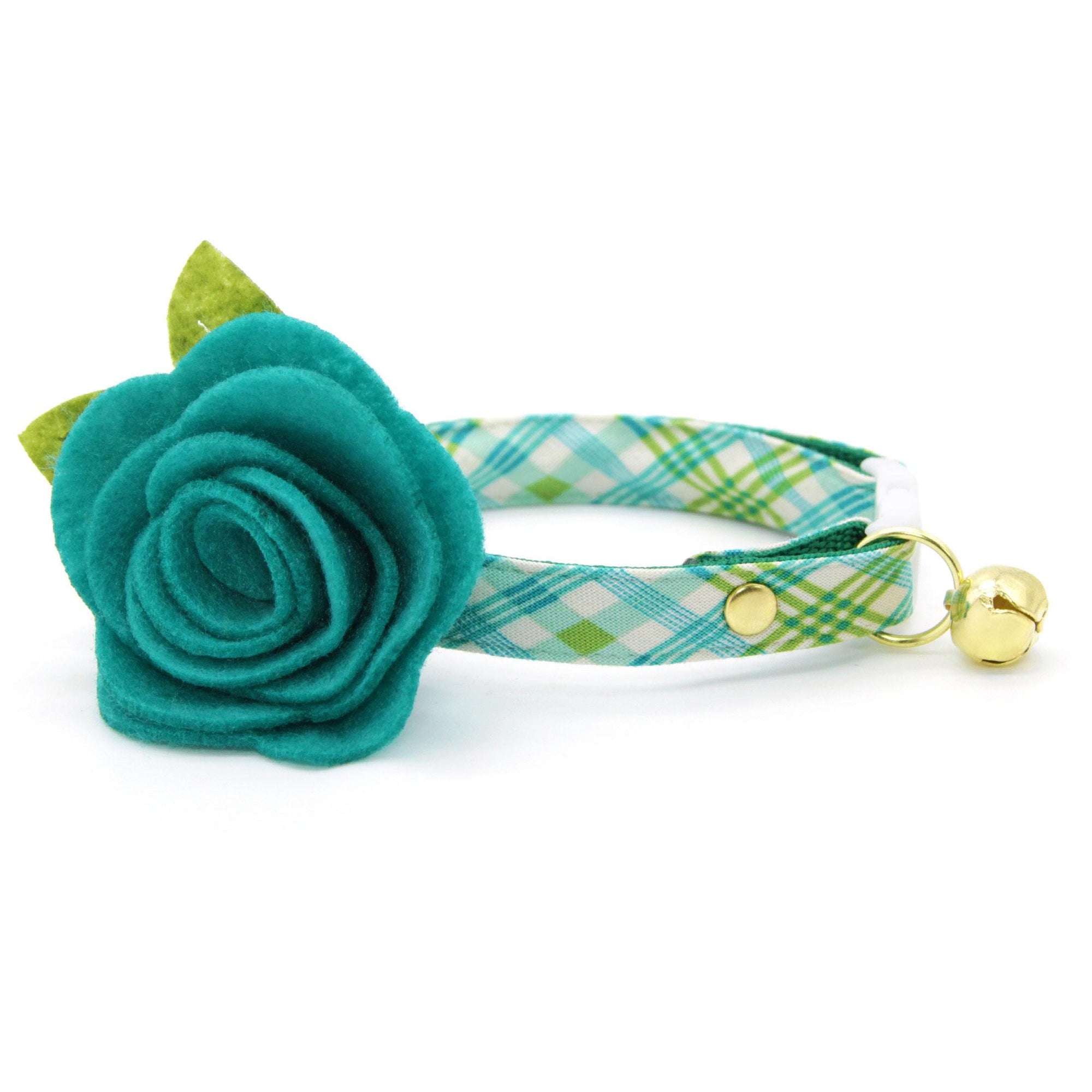 Plaid Cat Collar - "Gable Plaid" - Teal & Green Plaid Cat Collar / Spring, Summer / Breakaway Buckle or Non-Breakaway / Cat, Kitten + Small Dog Sizes