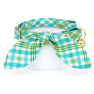 Plaid Cat Collar - "Gable Plaid" - Teal & Green Plaid Cat Collar / Spring, Summer / Breakaway Buckle or Non-Breakaway / Cat, Kitten + Small Dog Sizes