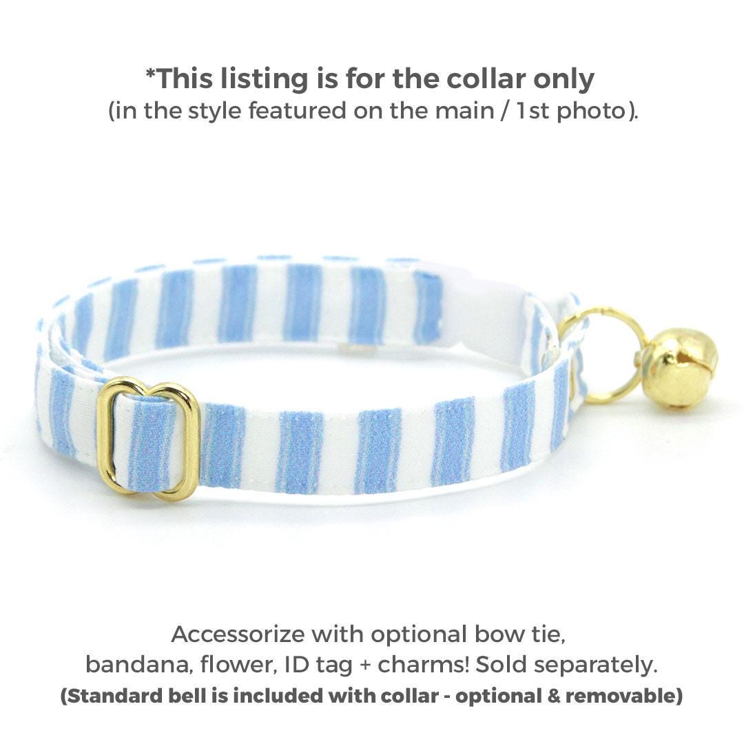 Blue Cat Collar - "Veranda - Blue" - Light Blue Striped Cat Collar / Spring, Summer, Seersucker / Breakaway Buckle or Non-Breakaway / Cat, Kitten + Small Dog Sizes