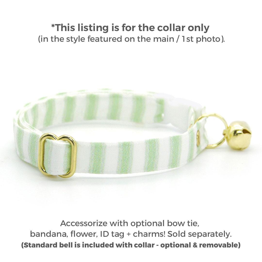 Green Cat Collar - "Veranda - Green" - Light Green Striped Cat Collar / Spring, Summer, Seersucker / Breakaway Buckle or Non-Breakaway / Cat, Kitten + Small Dog Sizes