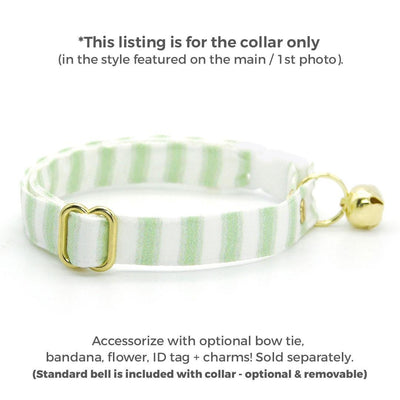 Green Cat Collar - "Veranda - Green" - Light Green Striped Cat Collar / Spring, Summer, Seersucker / Breakaway Buckle or Non-Breakaway / Cat, Kitten + Small Dog Sizes