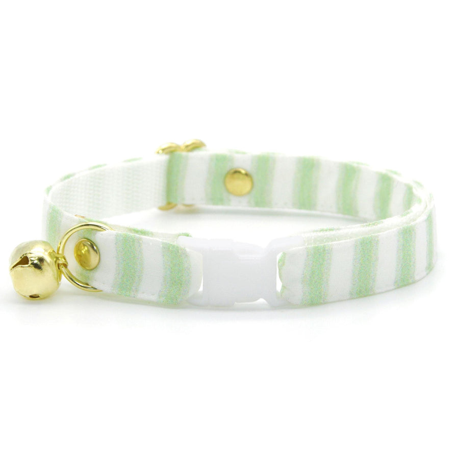Green Cat Collar - "Veranda - Green" - Light Green Striped Cat Collar / Spring, Summer, Seersucker / Breakaway Buckle or Non-Breakaway / Cat, Kitten + Small Dog Sizes