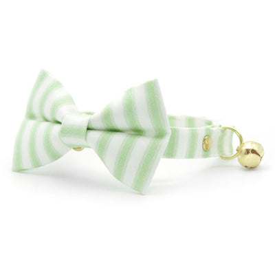 Green Cat Collar - "Veranda - Green" - Light Green Striped Cat Collar / Spring, Summer, Seersucker / Breakaway Buckle or Non-Breakaway / Cat, Kitten + Small Dog Sizes