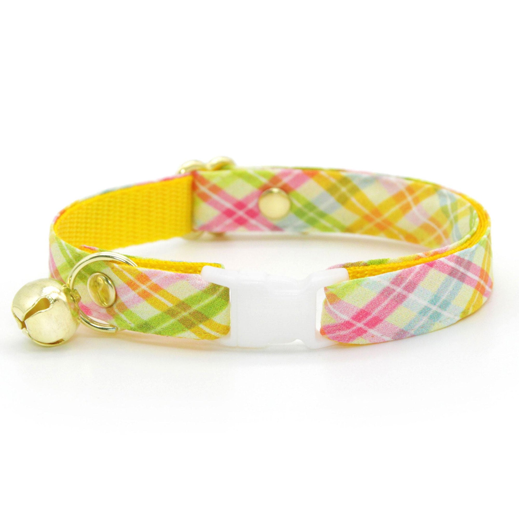 Spring Plaid Cat Collar + Flower Set - "Spring Basket" - Easter Plaid Cat Collar w/ Buttercup Yellow Felt Flower (Detachable) / Cat, Kitten + Small Dog Sizes