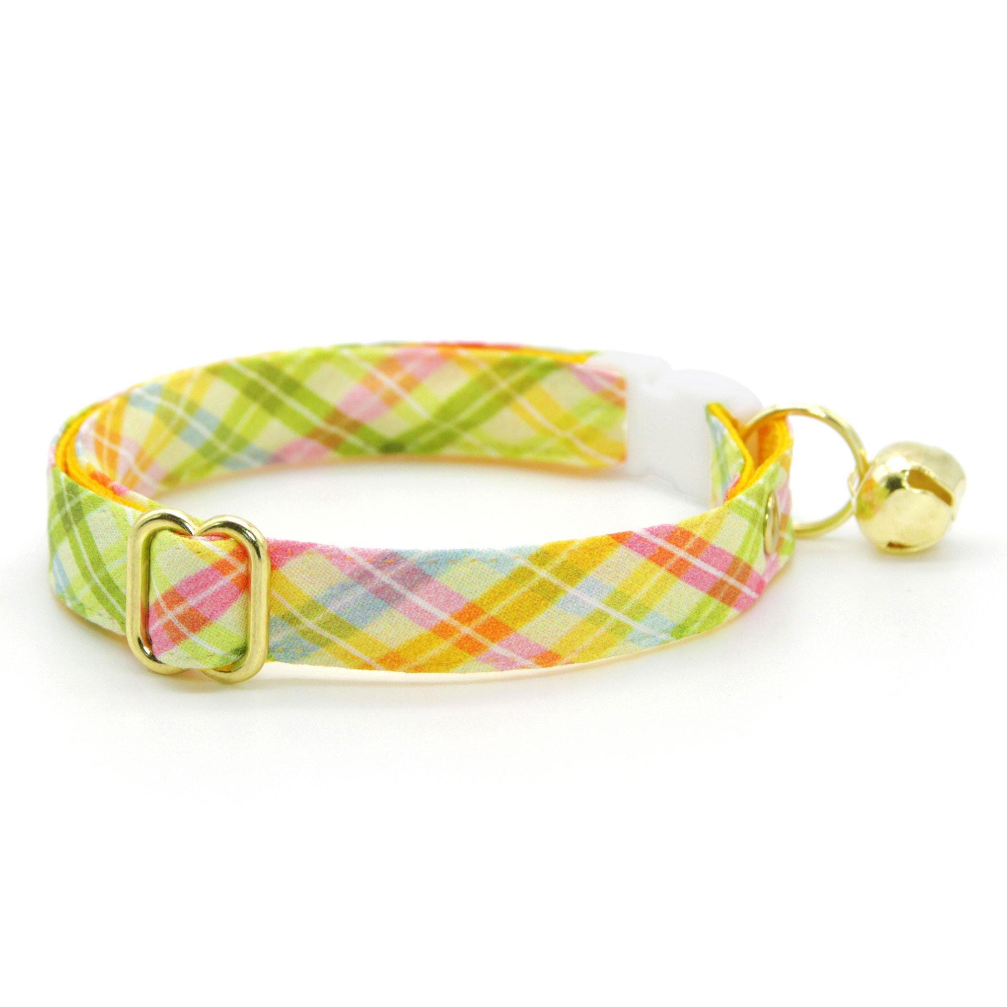 Spring Plaid Cat Collar + Flower Set - "Spring Basket" - Yellow Easter Plaid Cat Collar w/ Baby Pink Felt Flower (Detachable) / Cat, Kitten + Small Dog Sizes