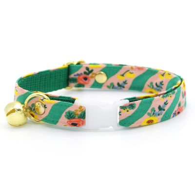 Rifle Paper Co® Cat Collar + Flower Set - "Arbor Rose" - Pink & Green Garden Floral Cat Collar + Fuchsia Pink Felt Flower (Detachable) / Cat, Kitten + Small Dog Sizes