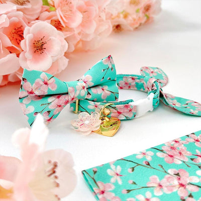 Floral Cat Collar + Flower Set - "Cherry Blossoms" - Spring Cat Collar w/ Baby Pink Felt Flower (Detachable) / Cat, Kitten + Small Dog Sizes