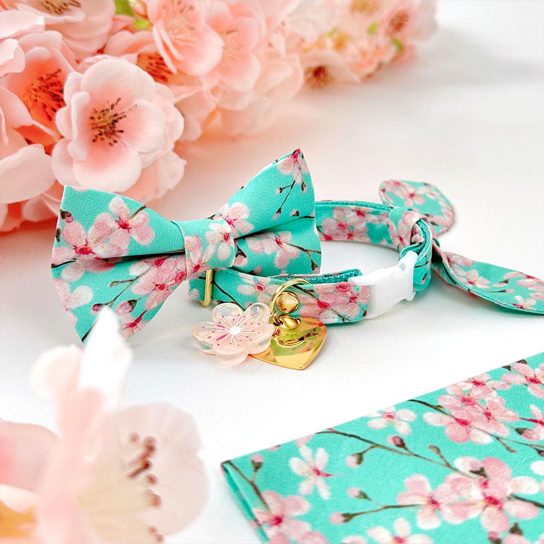 Floral Cat Collar - "Cherry Blossoms" - Spring Cat Collar / Sakura, Japanese, Mint, Turquoise, Robin's Egg / Breakaway Buckle or Non-Breakaway / Cat, Kitten + Small Dog Sizes