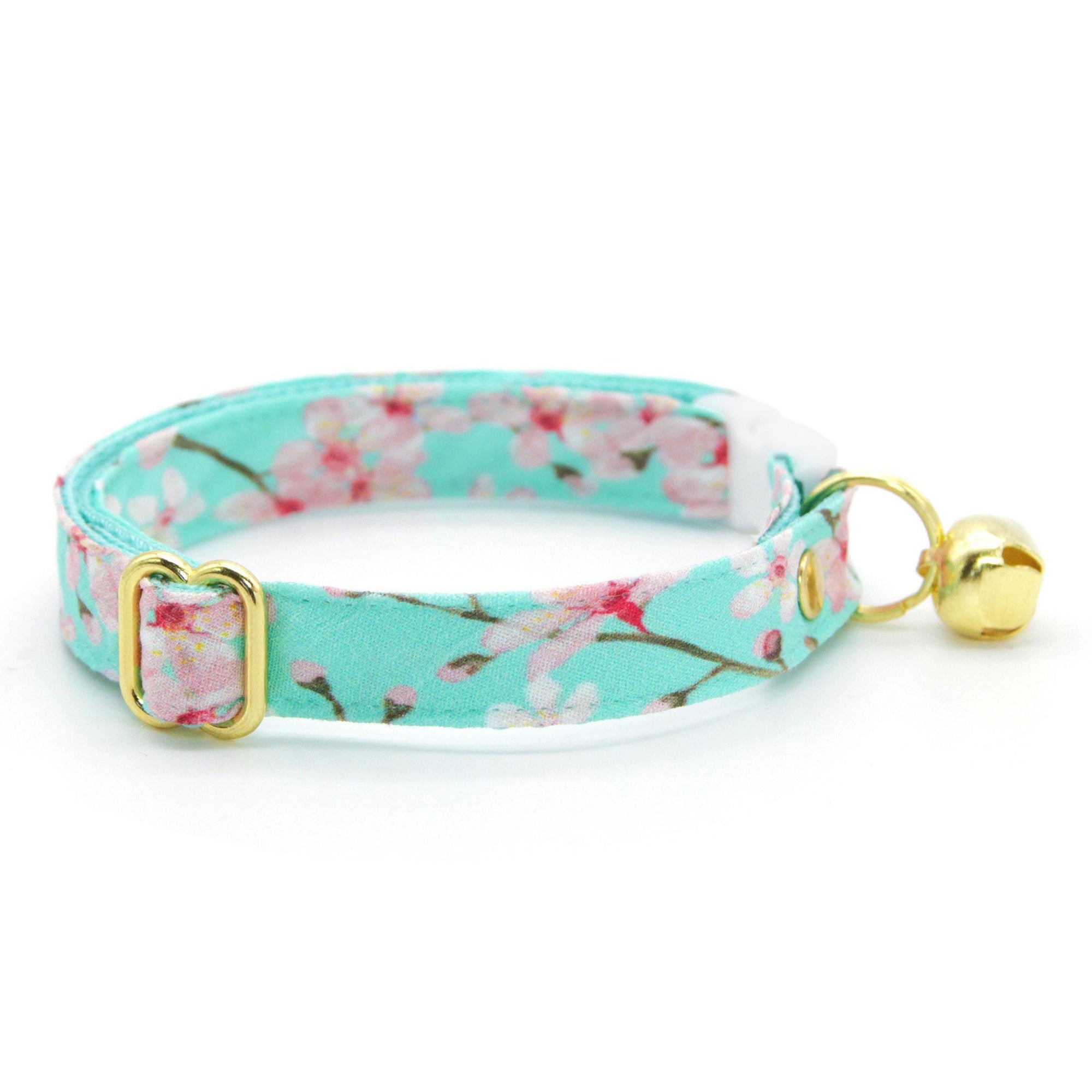 Cat Collar and Bunny Ear Bow Set - "Cherry Blossoms" - Mint Spring Floral Cat Collar w/ Matching Bunny Bow Tie / Spring, Japanese / Tie-On Scarf / Cat, Kitten + Small Dog Sizes