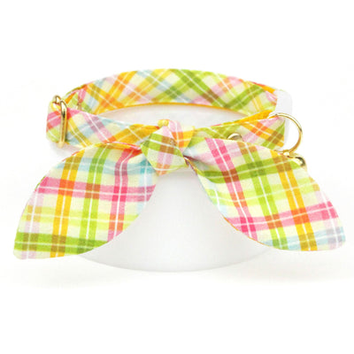 Cat Collar and Bunny Ear Bow Set - "Spring Basket" - Yellow Pastel Plaid Cat Collar w/ Matching Bunny Bow Tie / Spring, Easter, Summer / Tie-On Scarf / Cat, Kitten + Small Dog Sizes