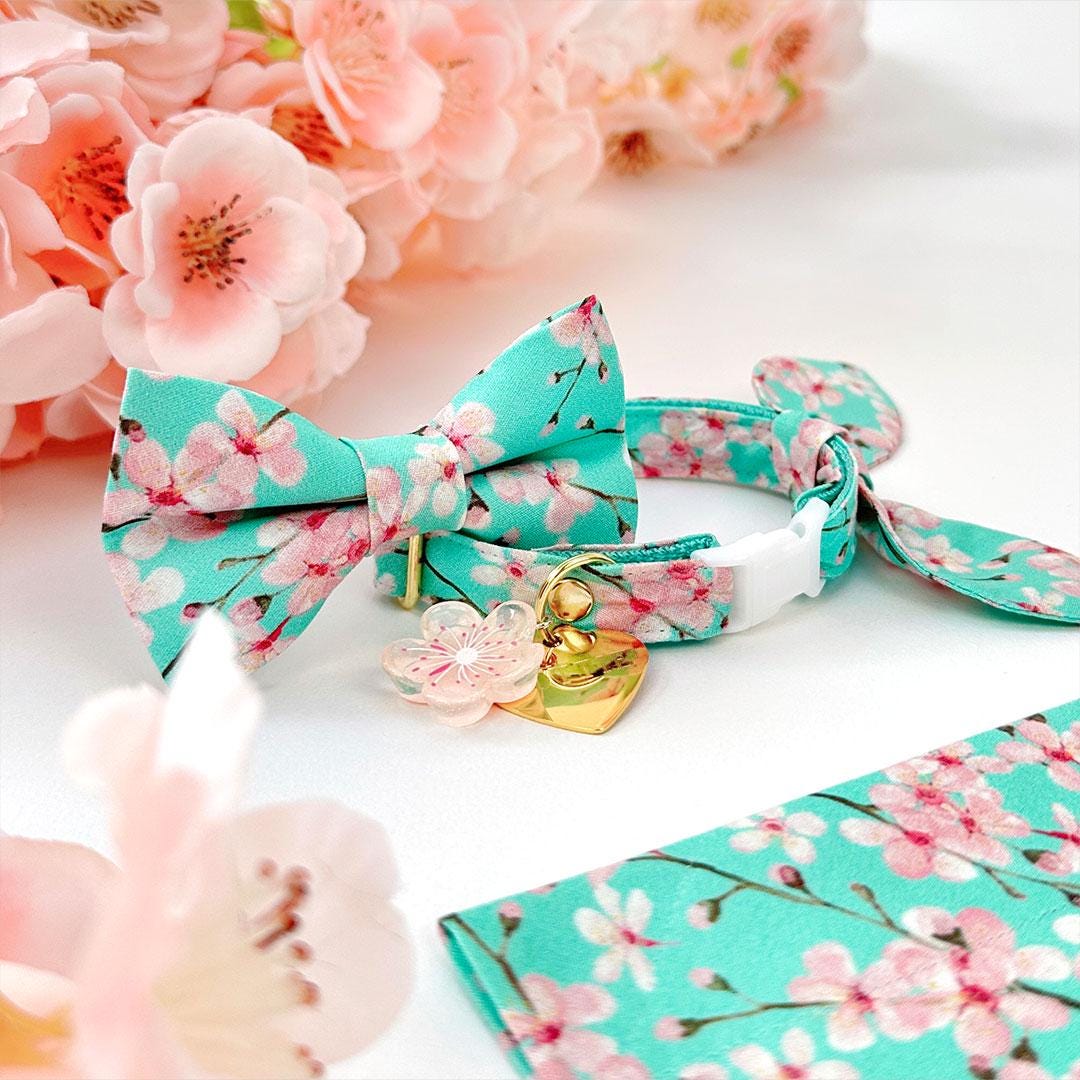 Floral Cat Bow Tie - "Cherry Blossoms" - Spring Sakura Bow Tie for Cat Collar / Spring, Japanese / Cat, Kitten + Small Dog Bowtie