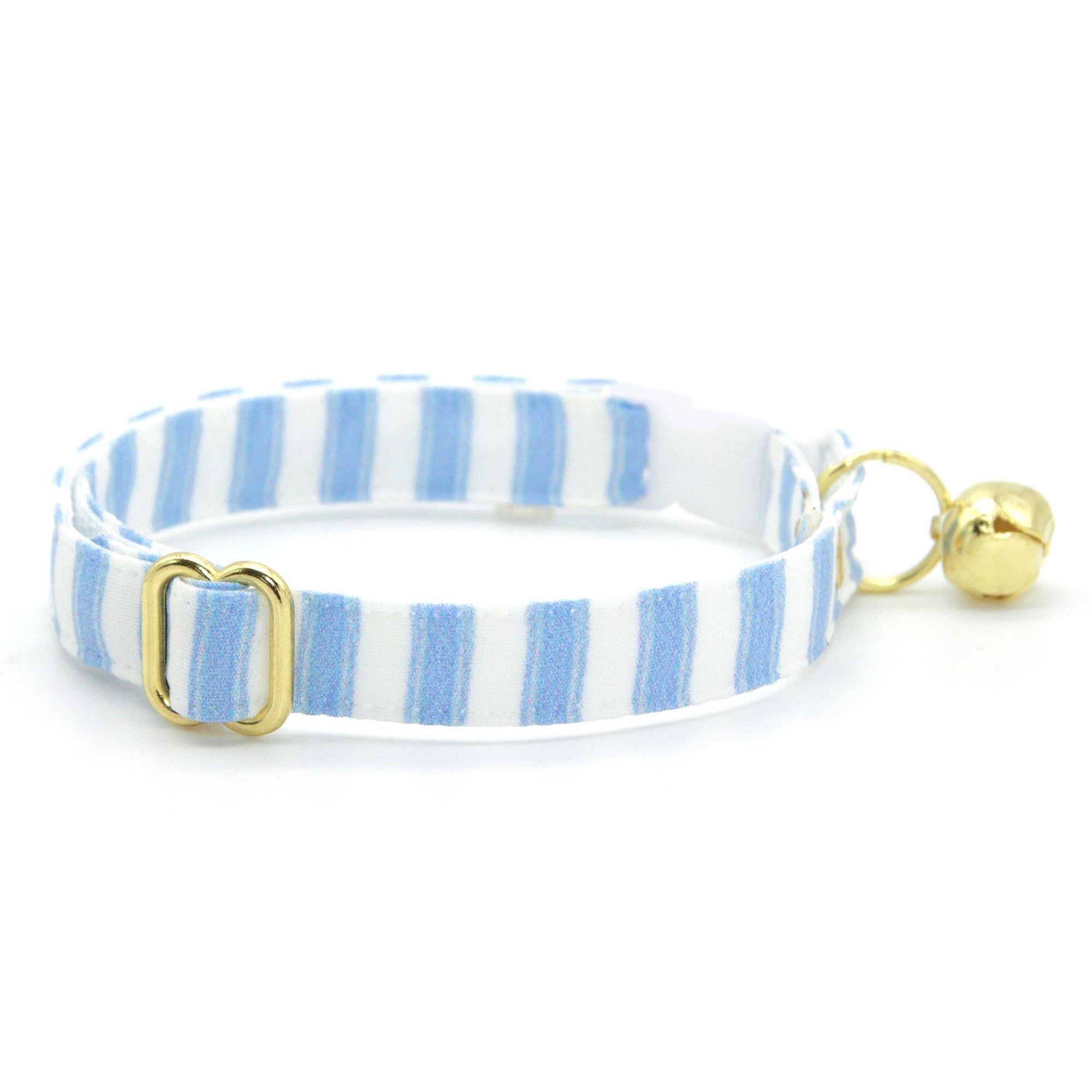Cat Collar and Bunny Ear Bow Set - "Veranda - Blue" - Light Blue Striped Cat Collar w/ Matching Bunny Bow Tie / Spring, Summer, Seersucker Stripes / Cat, Kitten + Small Dog Sizes