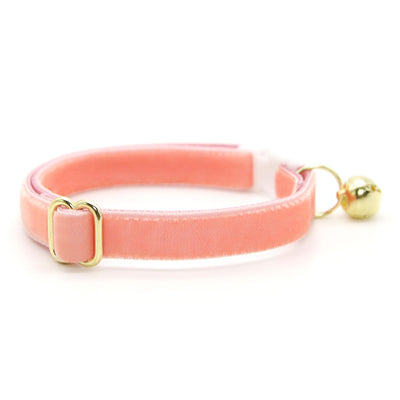 Cat Collar & Bunny Ear Bow Set - "Velvet - Peach Coral" - Warm Pastel Pink Velvet Cat Collar w/ Matching Bunny Bow Tie / Wedding, Birthday, Spring, Easter, Summer / Cat, Kitten + Small Dog Sizes