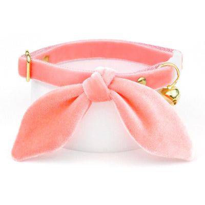 Cat Collar & Bunny Ear Bow Set - "Velvet - Peach Coral" - Warm Pastel Pink Velvet Cat Collar w/ Matching Bunny Bow Tie / Wedding, Birthday, Spring, Easter, Summer / Cat, Kitten + Small Dog Sizes