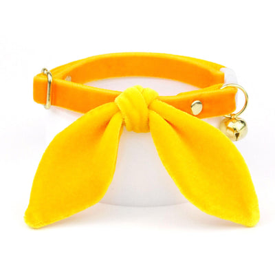 Cat Collar & Bunny Ear Bow Set - "Velvet - Marigold" - Vibrant Saffron Orange Yellow Velvet Cat Collar w/ Matching Bunny Bow Tie / Wedding, Birthday, Spring, Easter, Summer / Cat, Kitten + Small Dog Sizes