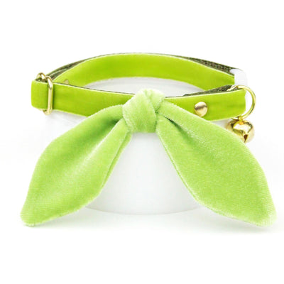 Cat Collar & Bunny Ear Bow Set - "Velvet - Apple Green" - Light Spring Green Velvet Cat Collar w/ Matching Bunny Bow Tie / Wedding, Birthday, Spring, Easter, Summer / Cat, Kitten + Small Dog Sizes