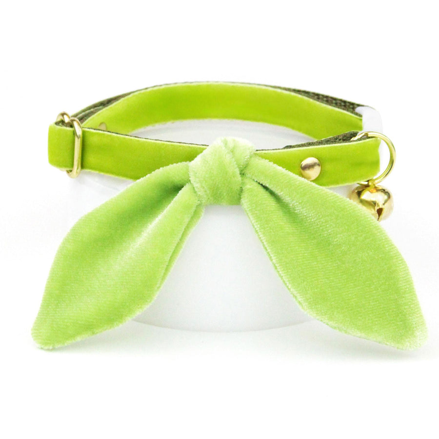 Cat Collar & Bunny Ear Bow Set - "Velvet - Apple Green" - Light Spring Green Velvet Cat Collar w/ Matching Bunny Bow Tie / Wedding, Birthday, Spring, Easter, Summer / Cat, Kitten + Small Dog Sizes