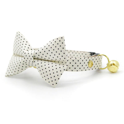 Polka Dot Bow Tie Cat Collar Set - "Biscotti" - Retro Chic Black & Ivory Polka Dot Cat Collar with Bow Tie / Wedding, Light Beige, Cream / Cat, Kitten, Small Dog Sizes