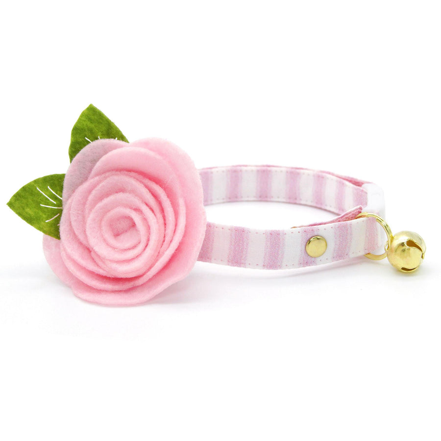 Striped Cat Collar + Flower Set - "Veranda - Pink" - Seersucker Stripes Cat Collar w/ Baby Pink Felt Flower (Detachable) / Cat, Kitten + Small Dog Sizes