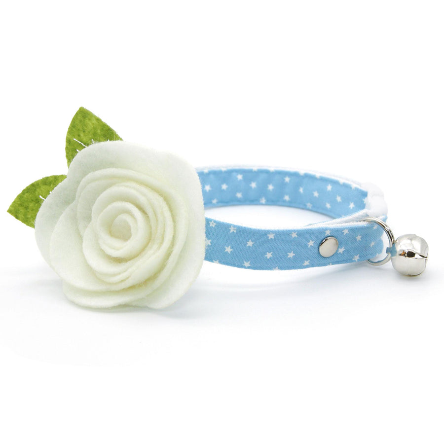 Chambray Cat Collar + Flower Set - "Lucky Star" - Light Blue Star Cat Collar w/ Ivory Felt Flower (Detachable) / Cat, Kitten + Small Dog Sizes