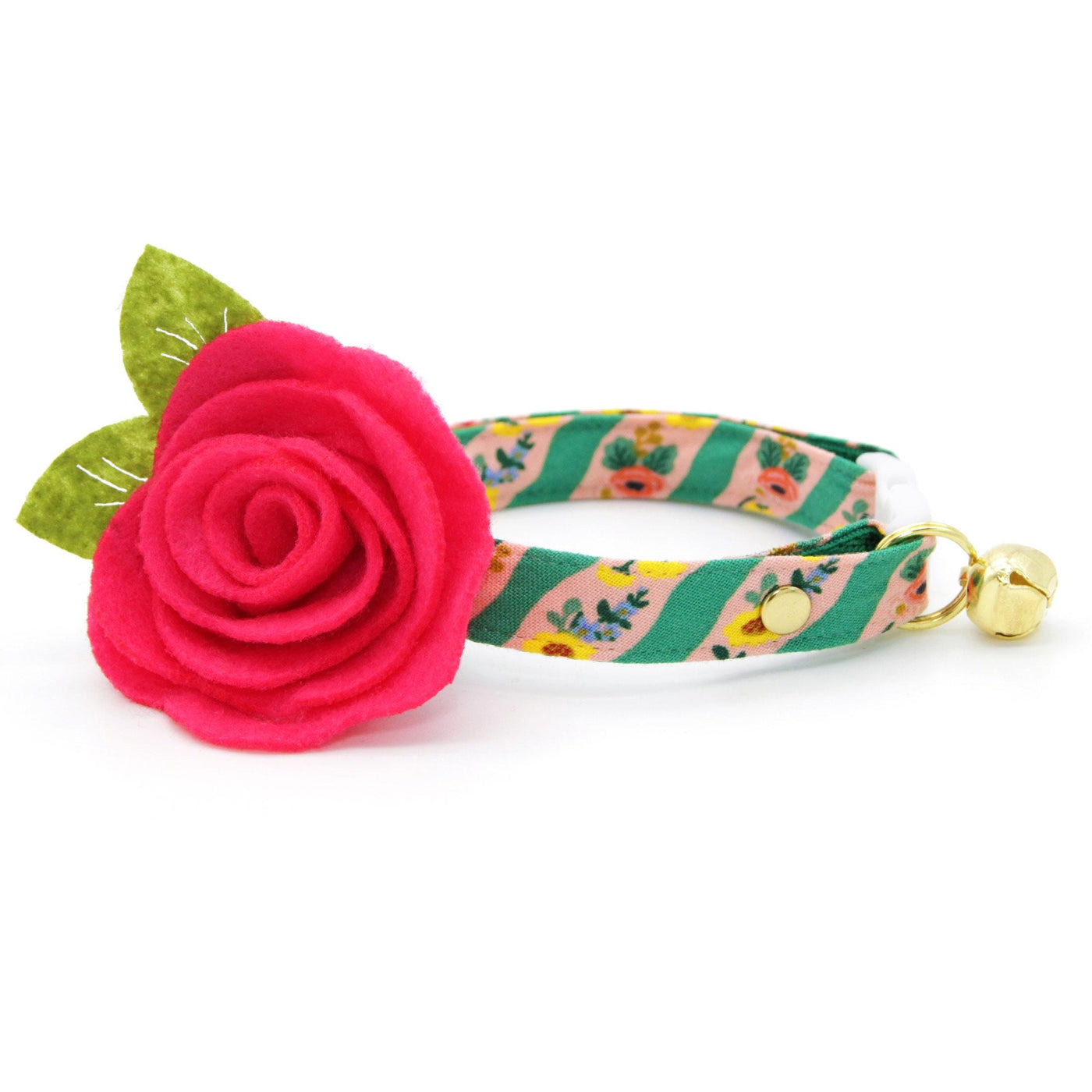 Rifle Paper Co® Cat Collar + Flower Set - "Arbor Rose" - Pink & Green Garden Floral Cat Collar + Fuchsia Pink Felt Flower (Detachable) / Cat, Kitten + Small Dog Sizes