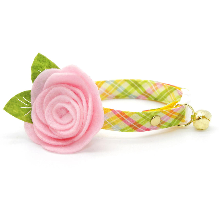 Spring Plaid Cat Collar + Flower Set - "Spring Basket" - Yellow Easter Plaid Cat Collar w/ Baby Pink Felt Flower (Detachable) / Cat, Kitten + Small Dog Sizes