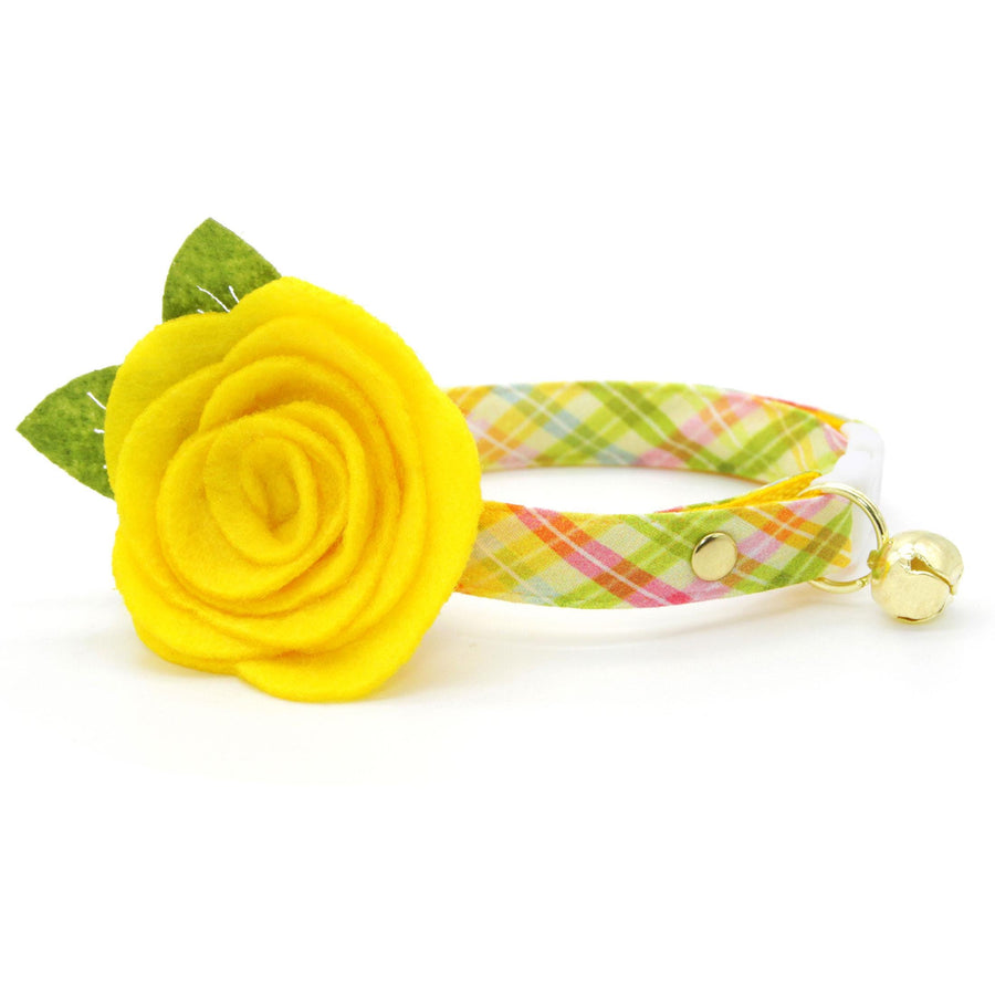 Spring Plaid Cat Collar + Flower Set - "Spring Basket" - Easter Plaid Cat Collar w/ Buttercup Yellow Felt Flower (Detachable) / Cat, Kitten + Small Dog Sizes