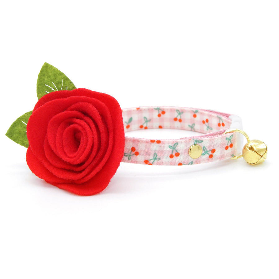Cherry Cat Collar + Flower Set - "Cherry Jubilee" - Pink Gingham Cherries Cat Collar w/ Scarlet Felt Flower (Detachable) / Cat, Kitten + Small Dog Sizes