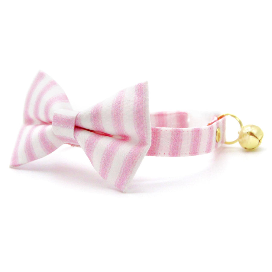 Striped Bow Tie Cat Collar Set - "Veranda - Pink" - Pink Stripes Cat Collar with Bow Tie / Spring, Summer, Seersucker, Derby, Wedding / Cat, Kitten, Small Dog Sizes
