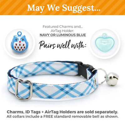 Cat Collar and Bunny Ear Bow Set - "Skylight" - Windowpane Check Plaid Blue Cat Collar w/ Matching Bunny Bow Tie / Spring + Summer / Tie-On Scarf / Cat, Kitten + Small Dog Sizes
