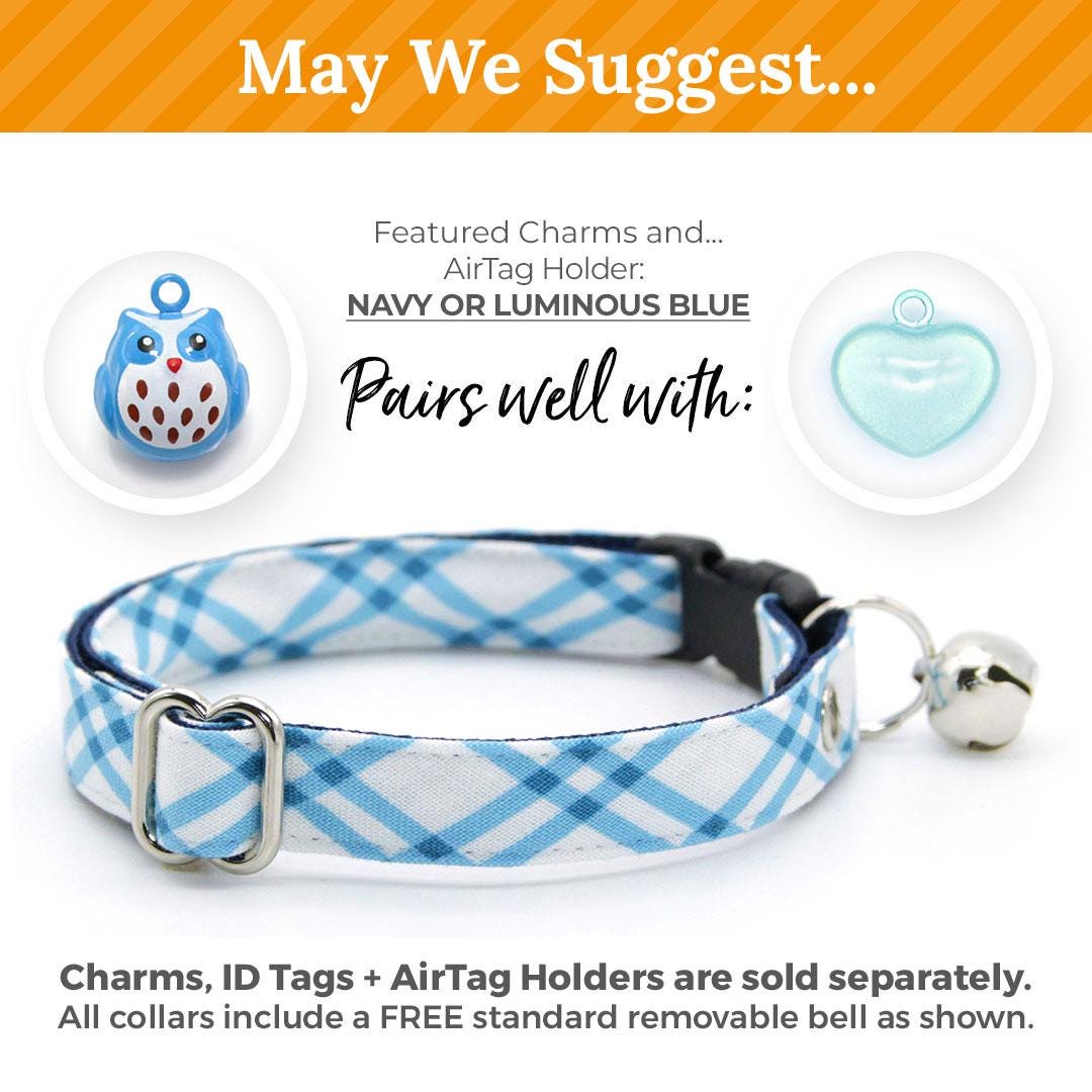 Blue Cat Collar - "Skylight" - Breezy Blue Plaid Cat Collar / Spring, Summer, Nautical, Coastal, Preppy / Breakaway Buckle or Non-Breakaway / Cat, Kitten + Small Dog Sizes