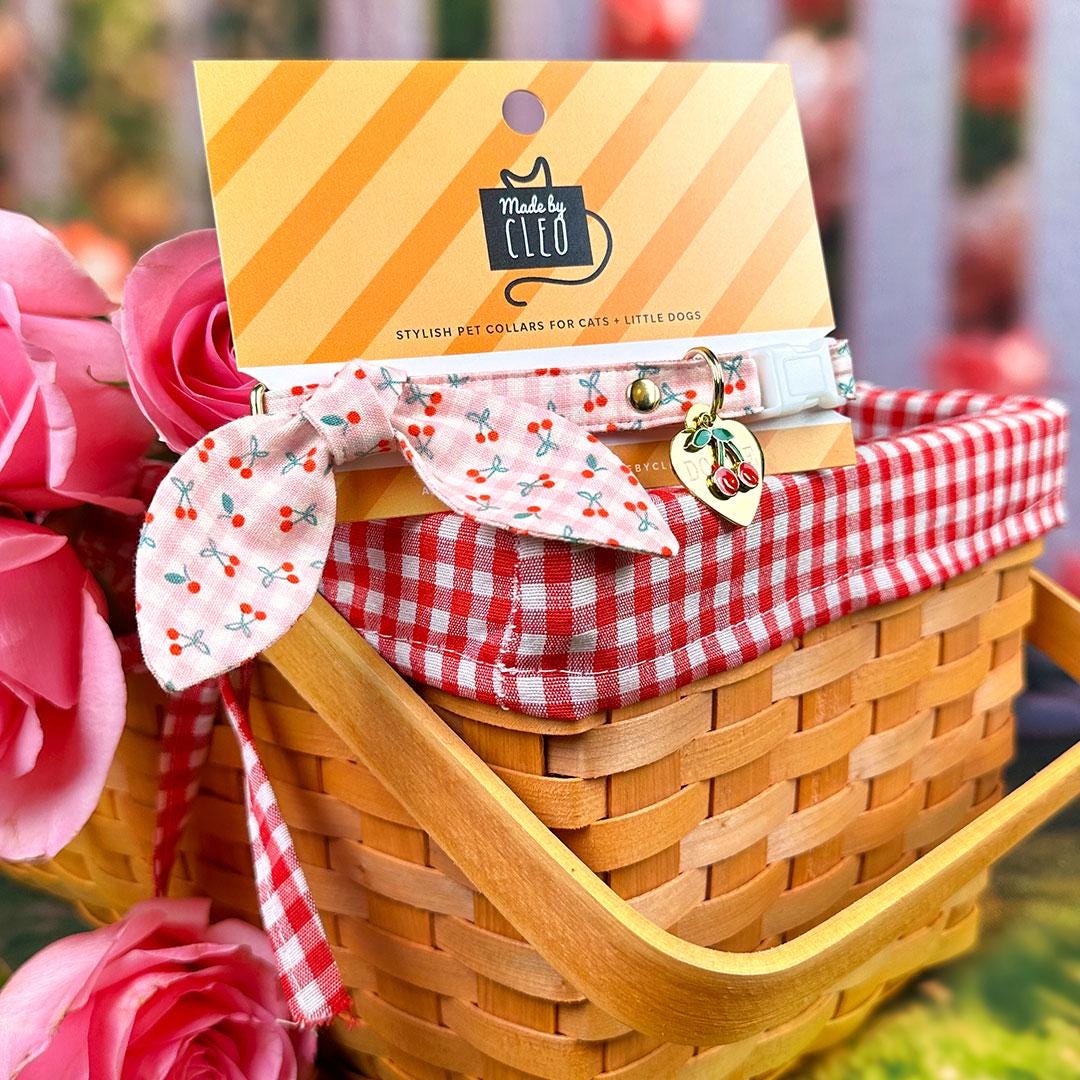 Cherry Cat Bow Tie - "Cherry Jubilee" - Pink Gingham Cherries Bow Tie for Cat Collar / Fruit, Spring + Summer / Cat, Kitten + Small Dog Bowtie