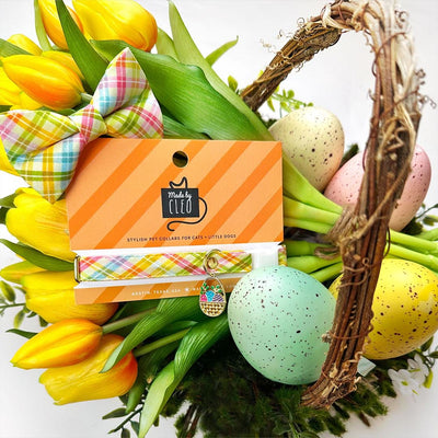 Spring Plaid Cat Collar + Flower Set - "Spring Basket" - Easter Plaid Cat Collar w/ Buttercup Yellow Felt Flower (Detachable) / Cat, Kitten + Small Dog Sizes
