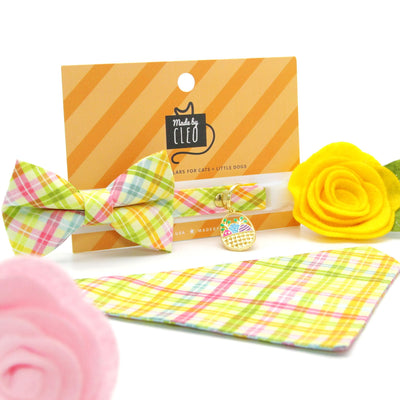 Spring Plaid Cat Collar + Flower Set - "Spring Basket" - Easter Plaid Cat Collar w/ Buttercup Yellow Felt Flower (Detachable) / Cat, Kitten + Small Dog Sizes
