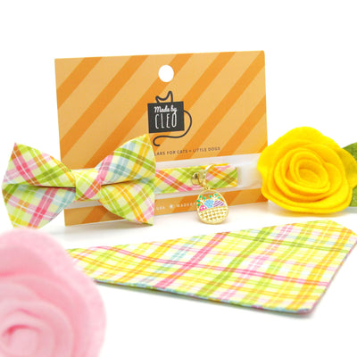 Spring Plaid Cat Collar + Flower Set - "Spring Basket" - Yellow Easter Plaid Cat Collar w/ Baby Pink Felt Flower (Detachable) / Cat, Kitten + Small Dog Sizes