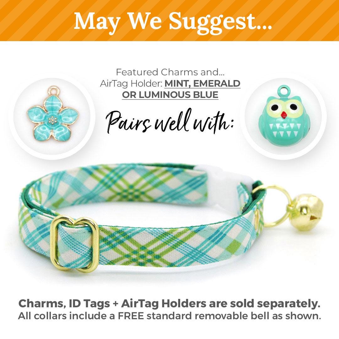 Green Plaid Bow Tie Cat Collar Set - "Gable Plaid" - Teal & Green Cat Collar with Bow Tie / Spring, Summer, Fall / Cat, Kitten, Small Dog Sizes