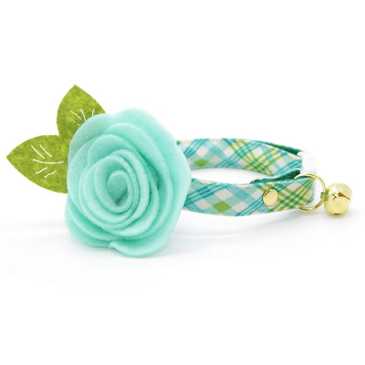 Plaid Cat Collar - "Gable Plaid" - Teal & Green Plaid Cat Collar / Spring, Summer / Breakaway Buckle or Non-Breakaway / Cat, Kitten + Small Dog Sizes