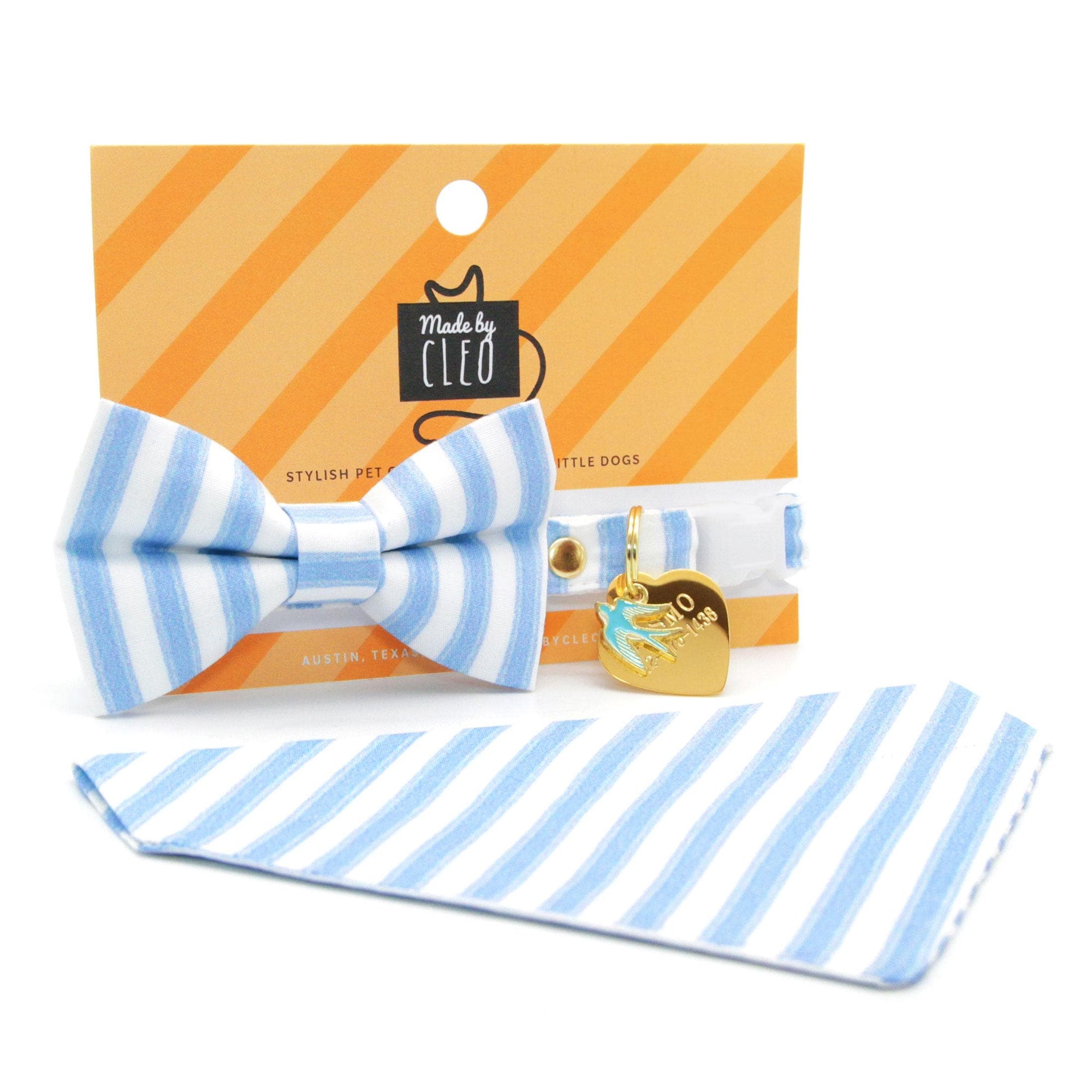 Cat Collar and Bunny Ear Bow Set - "Veranda - Blue" - Light Blue Striped Cat Collar w/ Matching Bunny Bow Tie / Spring, Summer, Seersucker Stripes / Cat, Kitten + Small Dog Sizes