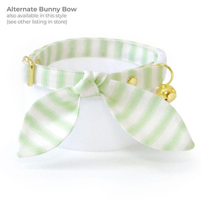 Striped Cat Collar + Flower Set - "Veranda - Green" - Seersucker Stripes Cat Collar w/ Leaf Green Felt Flower (Detachable) / Cat, Kitten + Small Dog Sizes